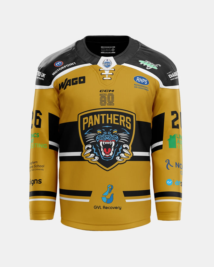 Show your Panthers pride with the 2026/27 Classic Team Replica Alternate Jersey by The Nottingham Panthers—this gold and black hockey jersey features a bold roaring panther logo, number 26 on the sleeves, multiple sponsor logos, and striking black accents on the shoulders and arms. An official replica from the exclusive 2026/27 jerseys collection—perfect for dedicated fans!.