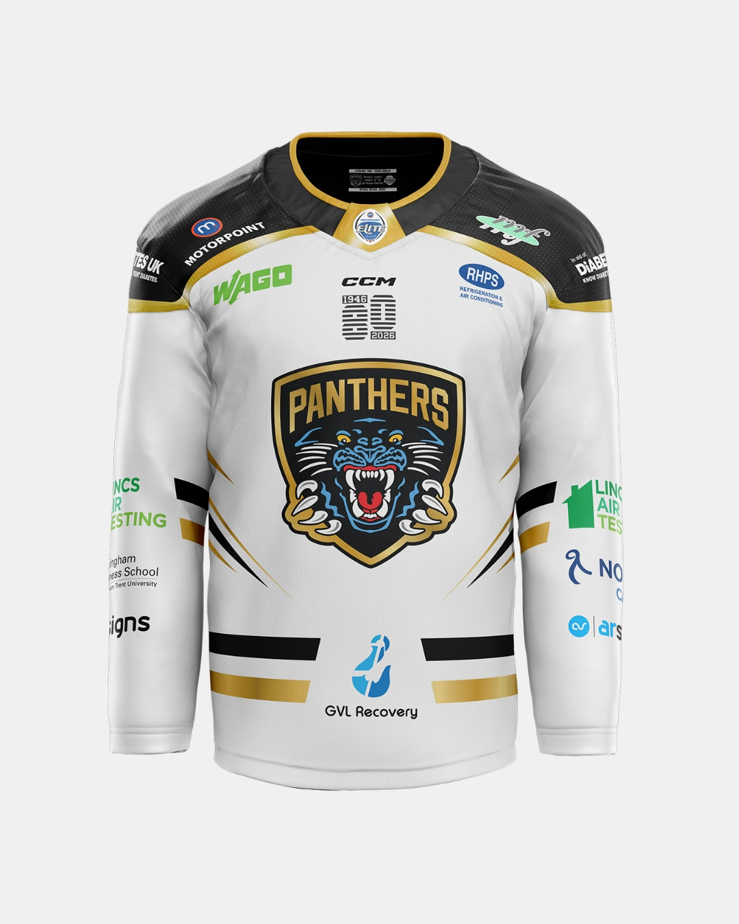 The 2026/27 Classic Replica Away Jersey by The Nottingham Panthers is a white and black hockey jersey with gold accents, featuring a roaring panther logo, sponsor logos, and the word “Panthers” on the chest.
