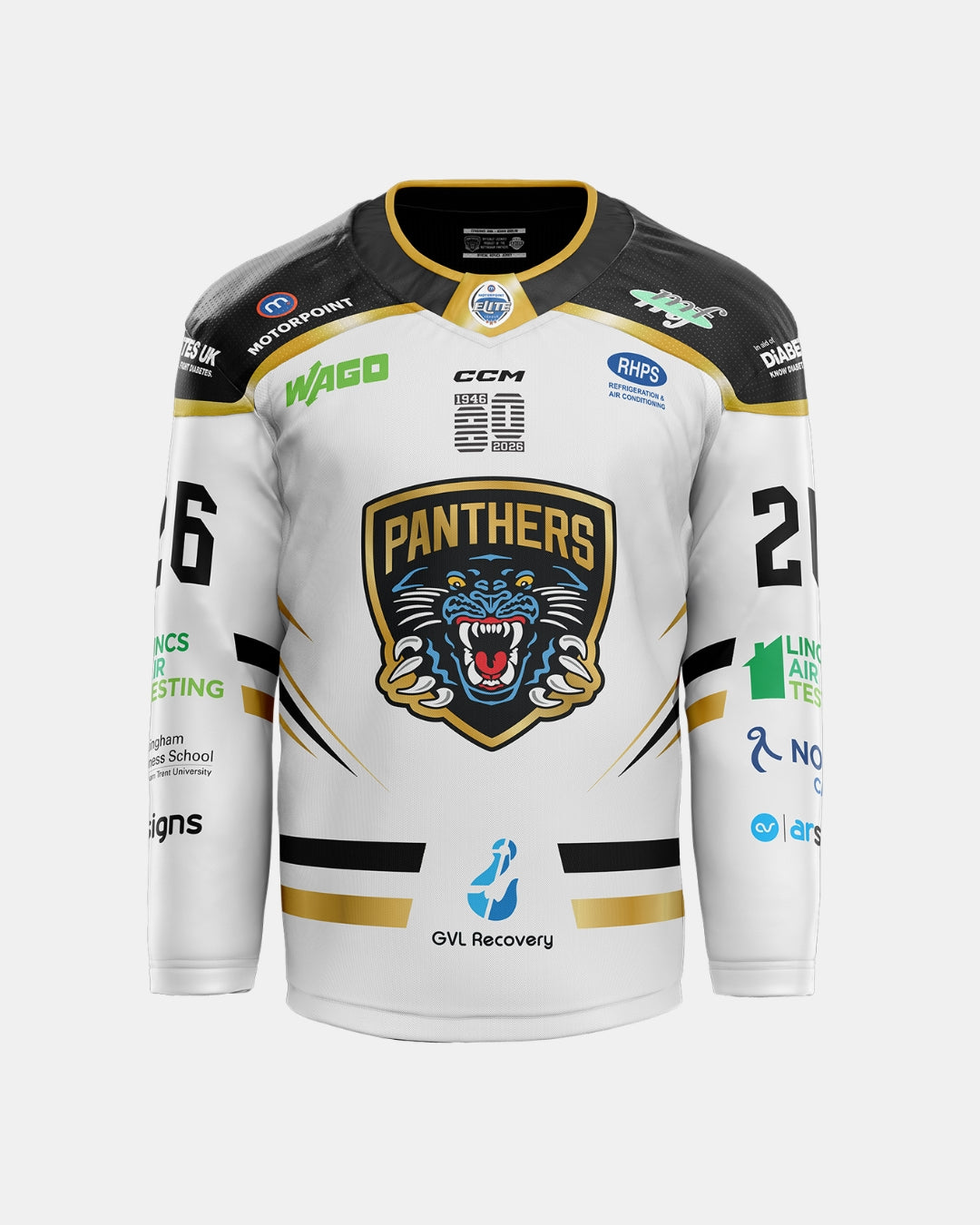 Show your spirit with the 2026/27 Classic Custom Replica Away Jersey from The Nottingham Panthers—a white and black hockey jersey featuring the iconic Panthers name, a roaring panther logo, number 26 on each sleeve, and various sponsor logos across the front, shoulders, and arms. This authentic replica is perfect for fans looking to wear classic style inspired by next season’s official jerseys.