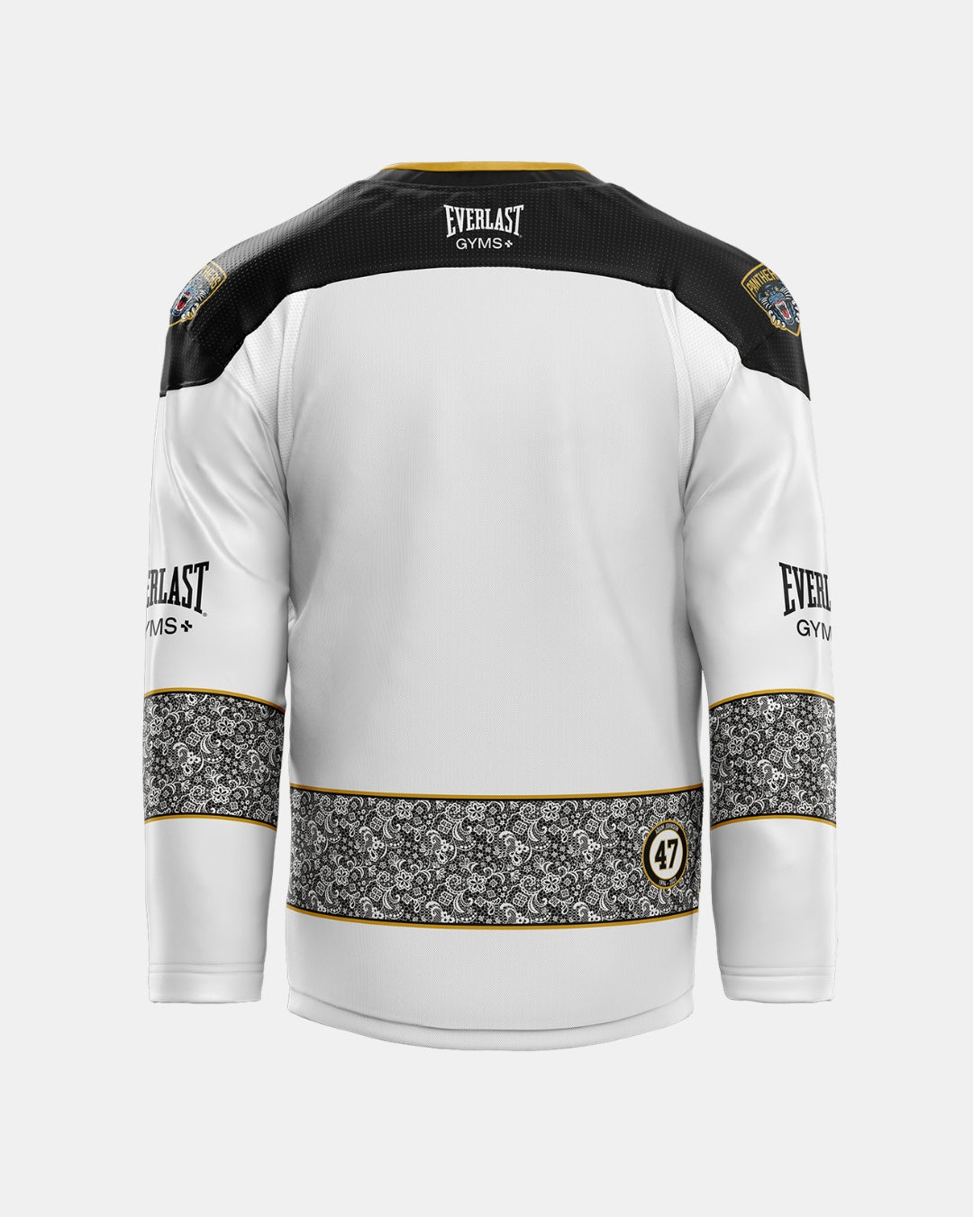 A white Panthersland 2026/27 Classic Replica Away Warm-Up Jersey featuring black and gold patterned accents, Everlast Gyms logos on the back collar and sleeves, and the number 47 displayed inside a yellow circle on the lower back.