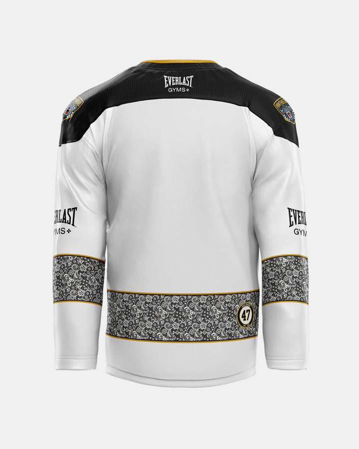 A white Panthersland 2026/27 Classic Replica Away Warm-Up Jersey featuring black and gold patterned accents, Everlast Gyms logos on the back collar and sleeves, and the number 47 displayed inside a yellow circle on the lower back.