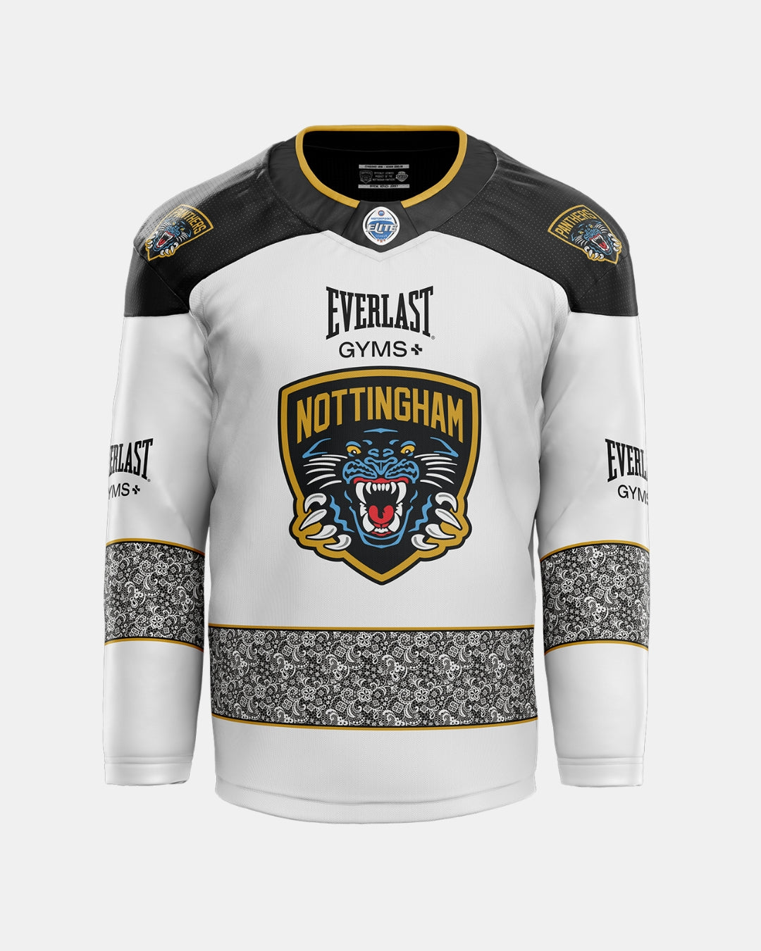 The Panthersland 2026/27 Classic Replica Away Warm-Up Jersey features a white base with black and gold accents, a bold roaring panther team logo on the front, Everlast Gyms sponsor logos, and ornate black patterns on the sleeves and lower torso.