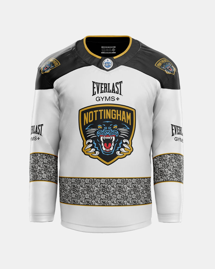The Panthersland 2026/27 Classic Replica Away Warm-Up Jersey features a white base with black and gold accents, a bold roaring panther team logo on the front, Everlast Gyms sponsor logos, and ornate black patterns on the sleeves and lower torso.