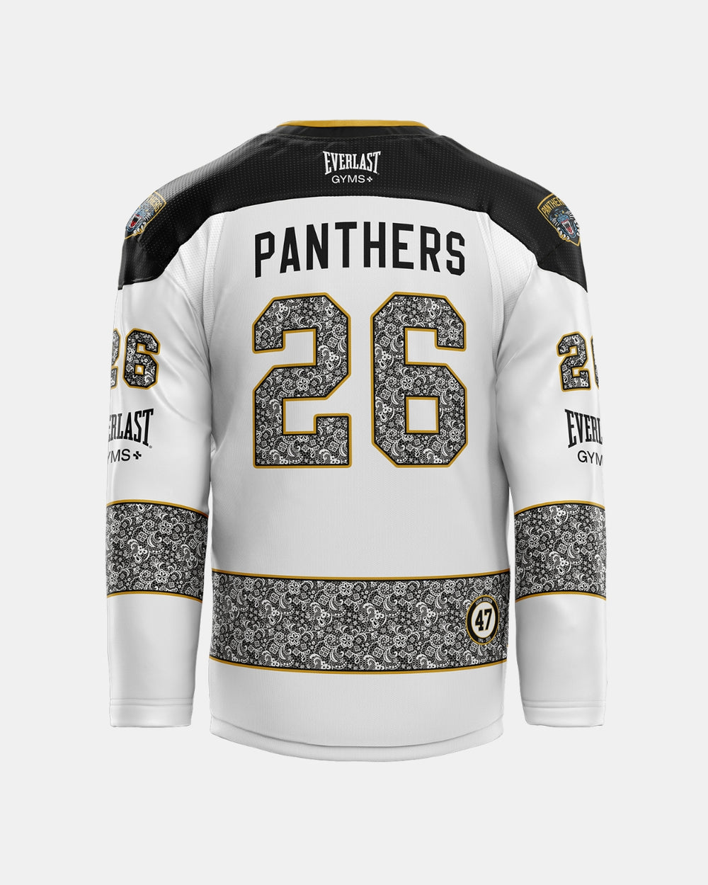 The Panthersland 2026/27 Classic Custom Replica Away Warm-Up Jersey features a white sublimated design with black and gold accents, “PANTHERS” and the number 26 on the back, floral pattern details, plus EVERLAST GYMS and 47 logos—perfect for fans seeking custom jerseys inspired by the latest season’s look.