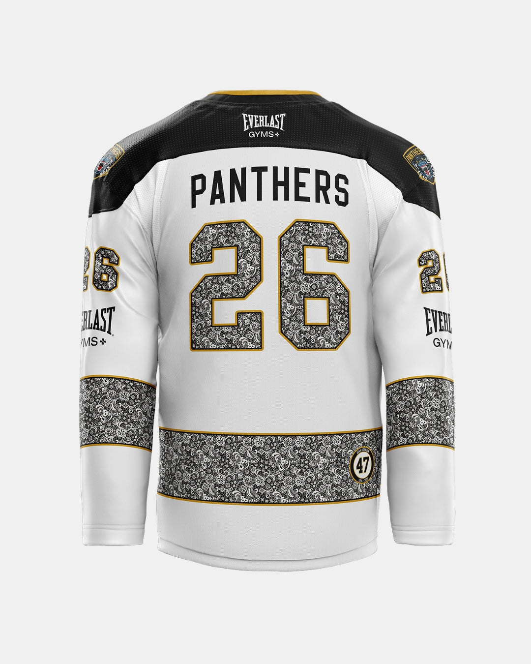 The Panthersland 2026/27 Classic Custom Replica Away Warm-Up Jersey features a white sublimated design with black and gold accents, “PANTHERS” and the number 26 on the back, floral pattern details, plus EVERLAST GYMS and 47 logos—perfect for fans seeking custom jerseys inspired by the latest season’s look.