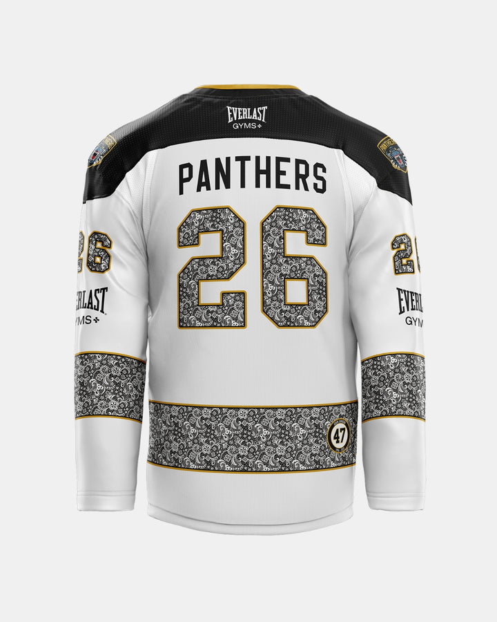 The Panthersland 2026/27 Classic Custom Replica Away Warm-Up Jersey features a white sublimated design with black and gold accents, “PANTHERS” and the number 26 on the back, floral pattern details, plus EVERLAST GYMS and 47 logos—perfect for fans seeking custom jerseys inspired by the latest season’s look.