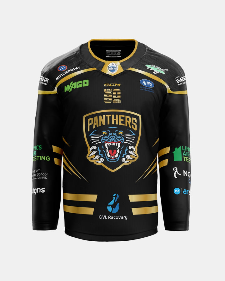 Introducing the 2026/27 Classic Replica Home Jersey by The Nottingham Panthers—a sleek black jersey with gold accents, proudly showcasing a roaring panther logo and “Panthers” across the chest. Inspired by classic replica styles, this official jersey features multiple sponsor logos and the number 10 below the collar, making it an ideal choice for fans eager to support The Nottingham Panthers in style for the upcoming 2026/27 season.