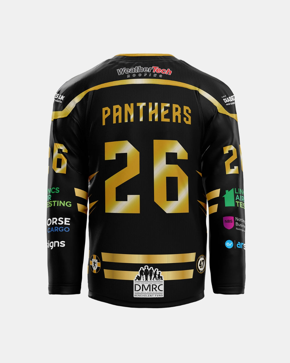 The Nottingham Panthers 2026/27 Classic Team Replica Home Jersey is a black and gold hockey jersey with “PANTHERS” and the number 26 on the back, featuring various sponsor logos on the sleeves and lower back. This official replica from The Nottingham Panthers is displayed against a plain light background.