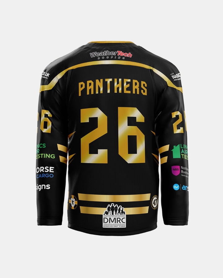 The Nottingham Panthers 2026/27 Classic Team Replica Home Jersey is a black and gold hockey jersey with “PANTHERS” and the number 26 on the back, featuring various sponsor logos on the sleeves and lower back. This official replica from The Nottingham Panthers is displayed against a plain light background.