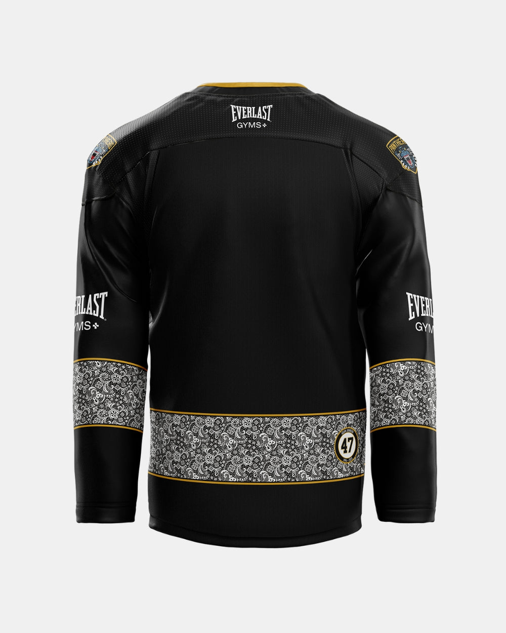 Introducing the Panthersland 2026/27 Classic Replica Home Warm-Up Jersey: a black hockey jersey featuring gold accents, paisley-style patterned bands on the sleeves and lower back, sponsor logos, and a circular patch with the number 47 on the lower back. Crafted from premium materials for both style and durability, this jersey is designed to last—refer to our size guide to find your perfect fit.
