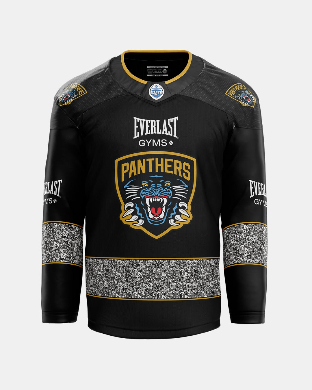 Introducing the 2026/27 Classic Replica Home Warm-Up Jersey by Panthersland: a black hockey jersey featuring a bold roaring panther logo, striking gold accents, Everlast Gyms sponsor text, and an ornate white pattern embellishing the bottom and sleeves. Crafted from premium materials for comfort and durability that lasts. Get ready for the new season—check our size guide to find your ideal fit!.