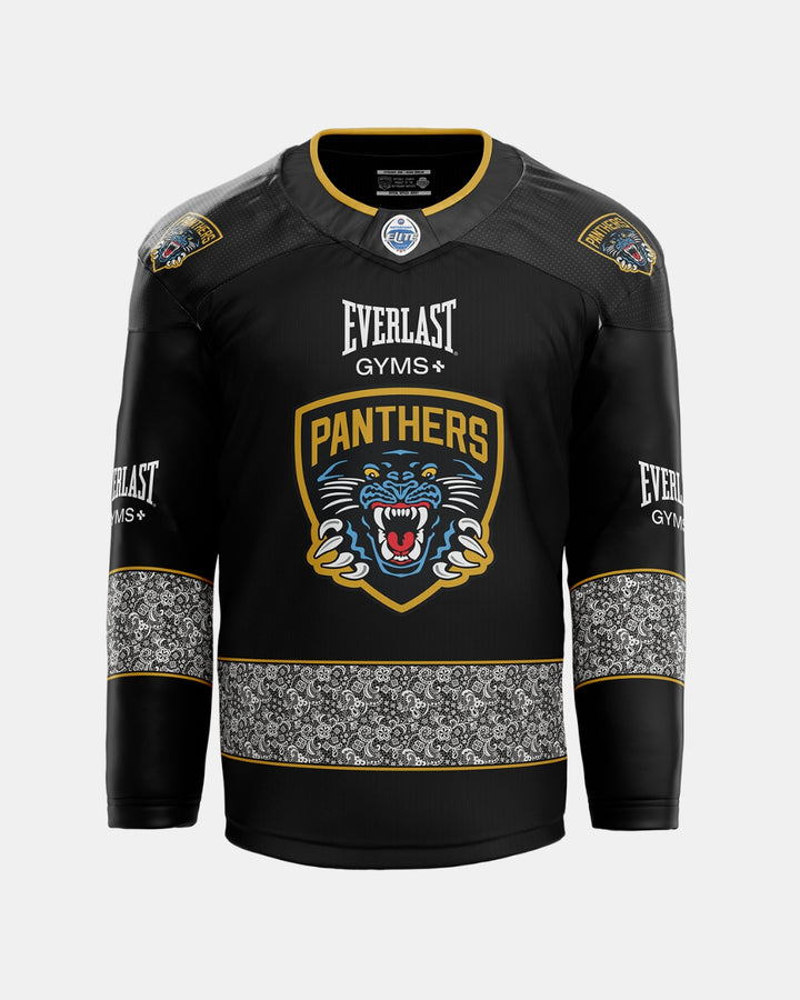 Introducing the 2026/27 Classic Replica Home Warm-Up Jersey by Panthersland: a black hockey jersey featuring a bold roaring panther logo, striking gold accents, Everlast Gyms sponsor text, and an ornate white pattern embellishing the bottom and sleeves. Crafted from premium materials for comfort and durability that lasts. Get ready for the new season—check our size guide to find your ideal fit!.