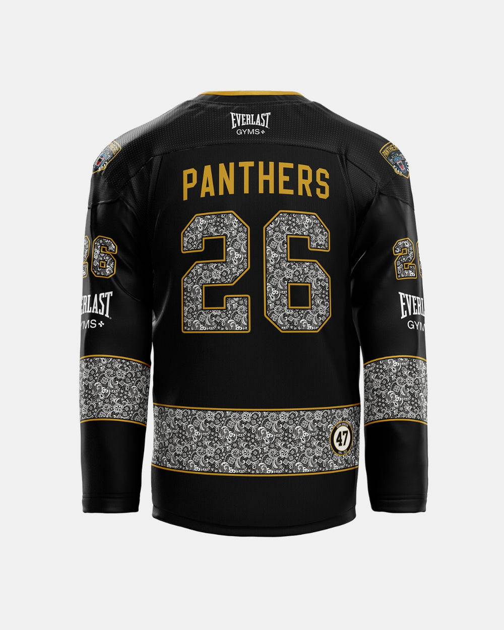 A black 2026/27 Classic Custom Replica Home Warm-Up Jersey from Panthersland features “PANTHERS” and the number 26 in gold on the back. The sleeves and bottom are adorned with an intricate white floral pattern, while “EVERLAST GYMS” is printed on the shoulders and sleeves, making this jersey a standout piece for the season.