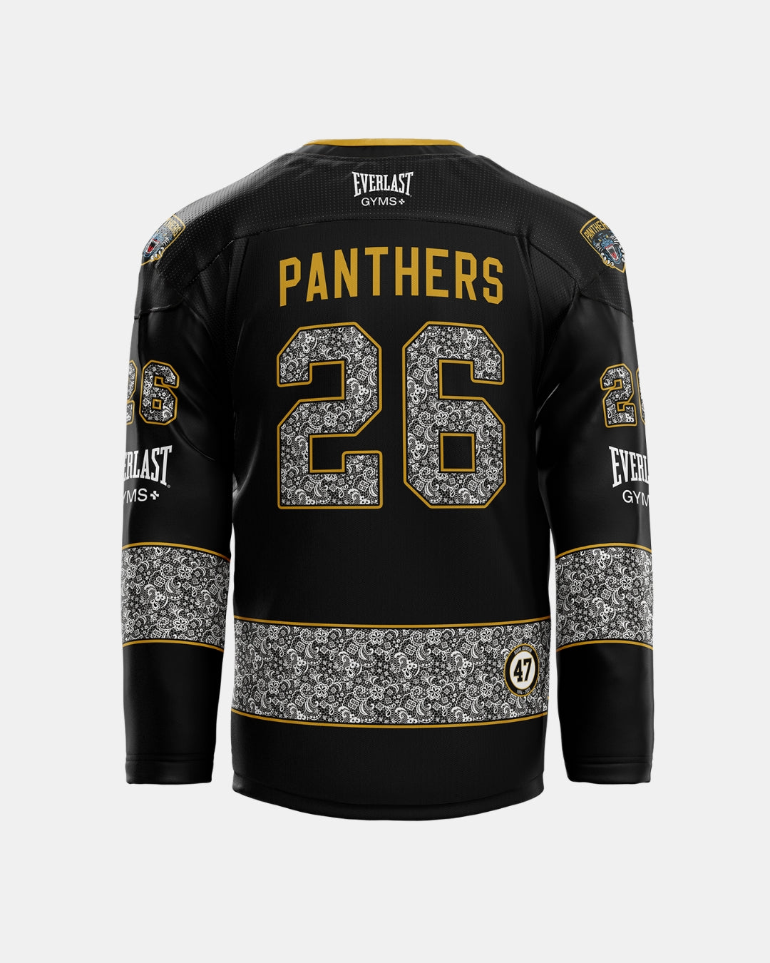A black 2026/27 Classic Custom Replica Home Warm-Up Jersey from Panthersland features “PANTHERS” and the number 26 in gold on the back. The sleeves and bottom are adorned with an intricate white floral pattern, while “EVERLAST GYMS” is printed on the shoulders and sleeves, making this jersey a standout piece for the season.