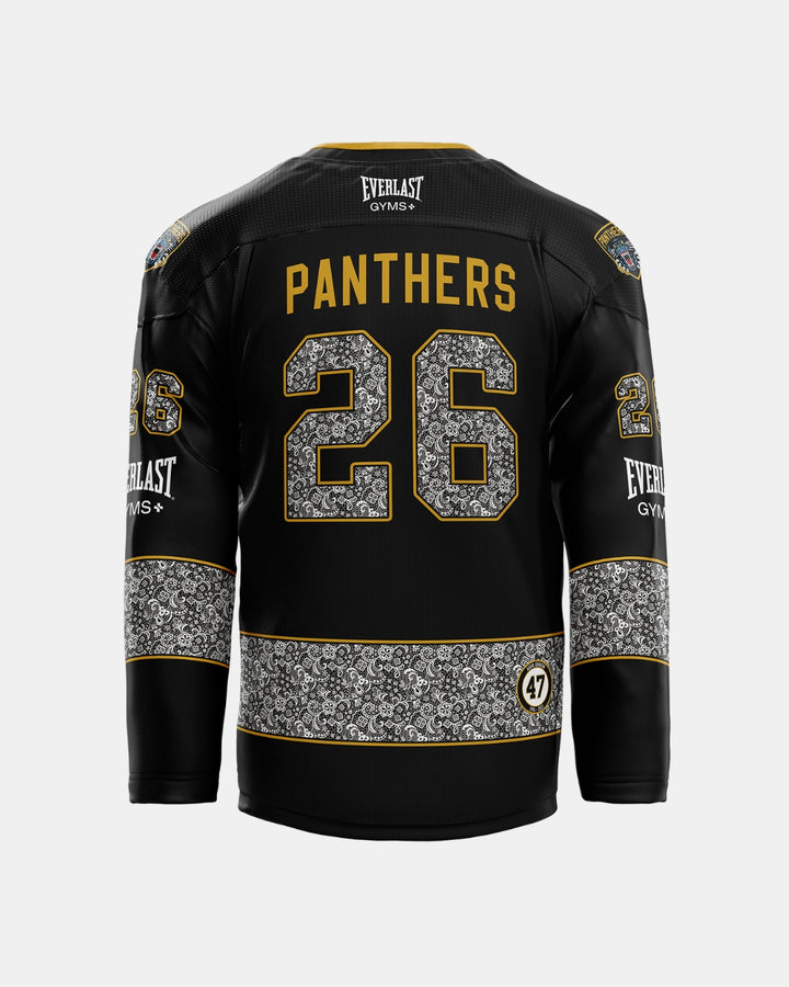 A black 2026/27 Classic Custom Replica Home Warm-Up Jersey from Panthersland features “PANTHERS” and the number 26 in gold on the back. The sleeves and bottom are adorned with an intricate white floral pattern, while “EVERLAST GYMS” is printed on the shoulders and sleeves, making this jersey a standout piece for the season.