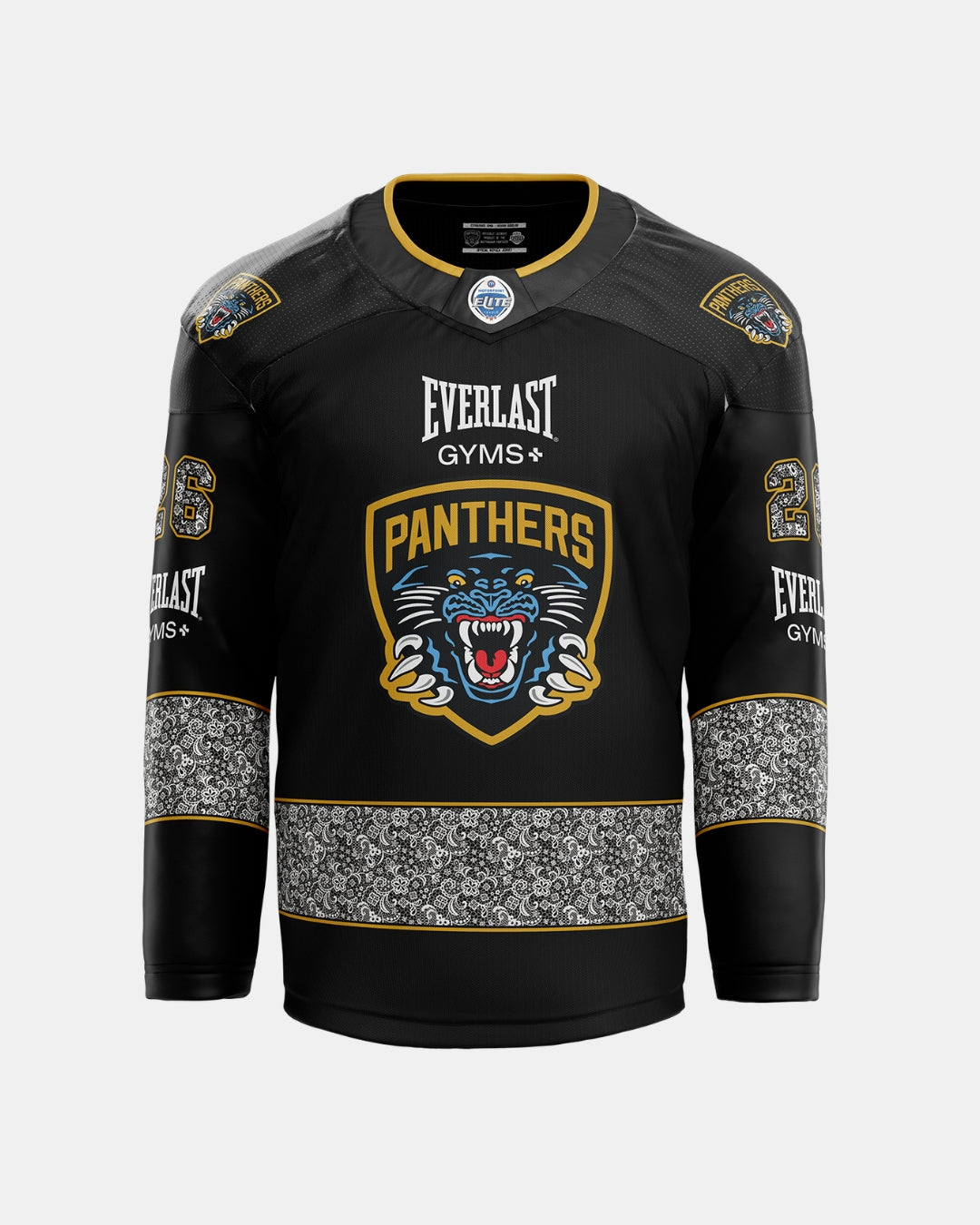 A black Panthersland 2026/27 Classic Custom Replica Home Warm-Up Jersey featuring the Panthers logo, gold accents, white paisley-patterned sleeve bands, and Everlast Gyms branding on the chest and shoulders—a perfect choice for fans wanting a custom jersey or previewing the upcoming 2026/27 lineup.