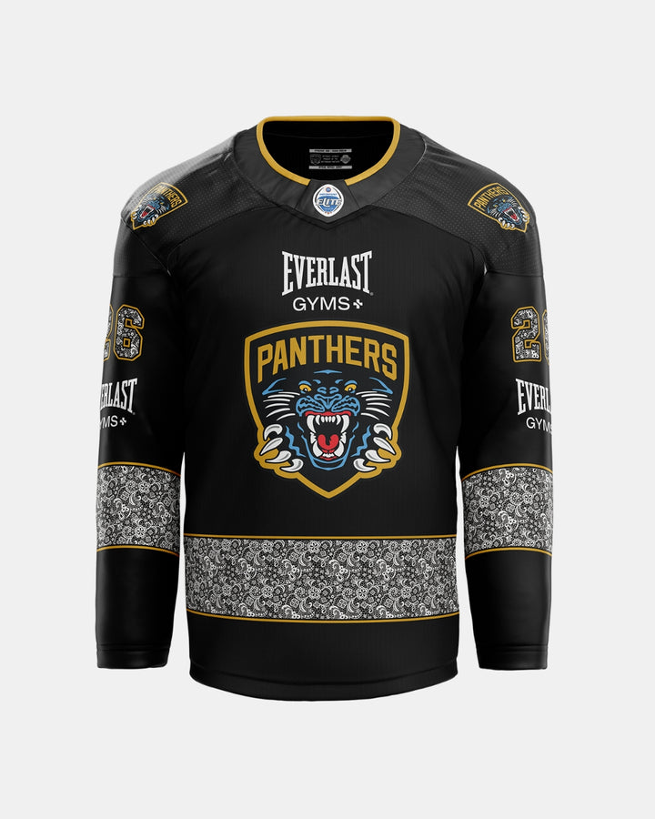 A black Panthersland 2026/27 Classic Custom Replica Home Warm-Up Jersey featuring the Panthers logo, gold accents, white paisley-patterned sleeve bands, and Everlast Gyms branding on the chest and shoulders—a perfect choice for fans wanting a custom jersey or previewing the upcoming 2026/27 lineup.