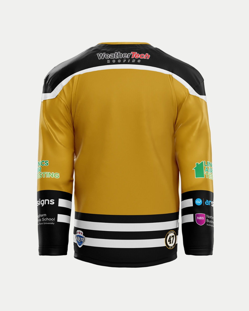 The Nottingham Panthers 2025/26 Classic Replica Alternate Jersey in gold and black, shown from the back, displays sponsor logos like WeatherTech Roofing and Linkage Testing, with the number 47 and additional sleeve sponsors.