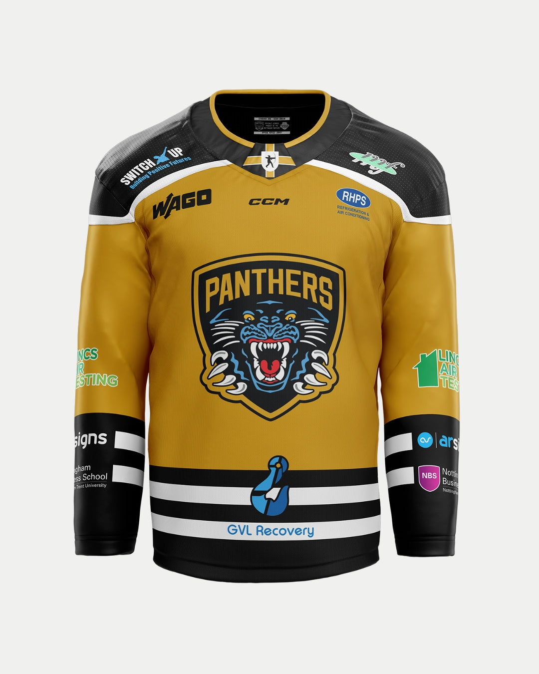 The Nottingham Panthers 2025/26 Classic Replica Alternate Jersey features gold and black colors, a roaring panther logo with Panthers above, sponsor patches on the chest and sleeves, and bold black-and-white striped sleeves.