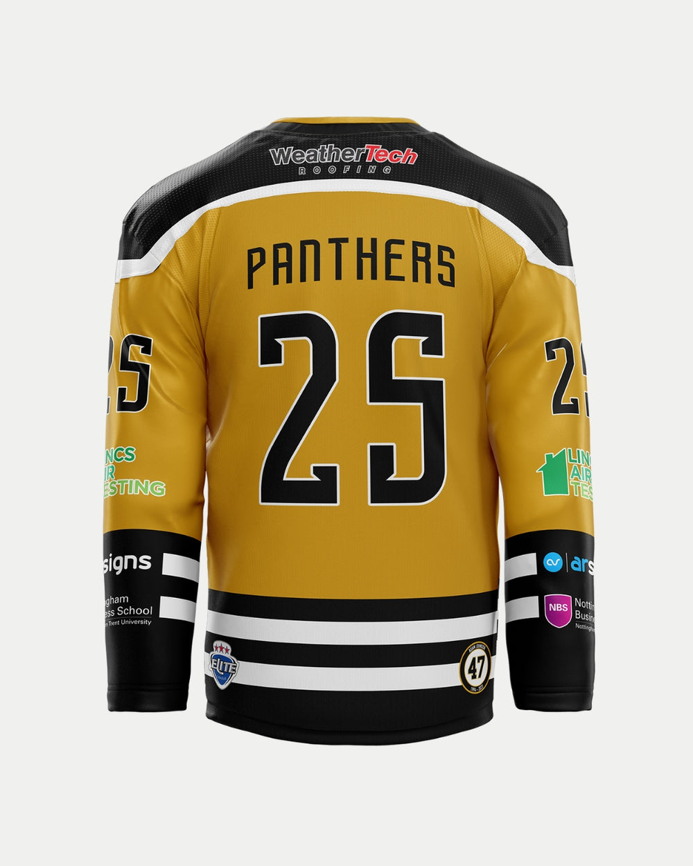 The Nottingham Panthers 2025/26 Classic Team Replica Alternate Jersey is gold and black with bold white sleeve and hem stripes, PANTHERS and number 25 on the back, sponsor logos, and an official design.