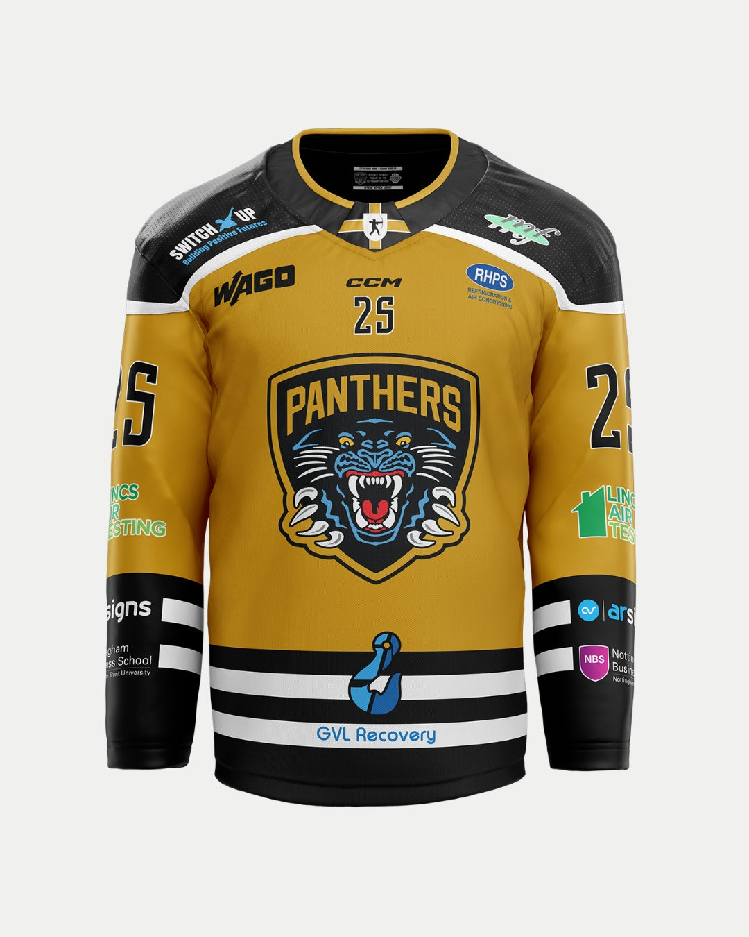 Show your Panthers pride with The Nottingham Panthers 2025/26 Classic Team Replica Alternate Jersey—gold and black, number 25, roaring panther logo, sponsor logos, plus white sleeve and hem stripes. Perfect for dedicated fans!.