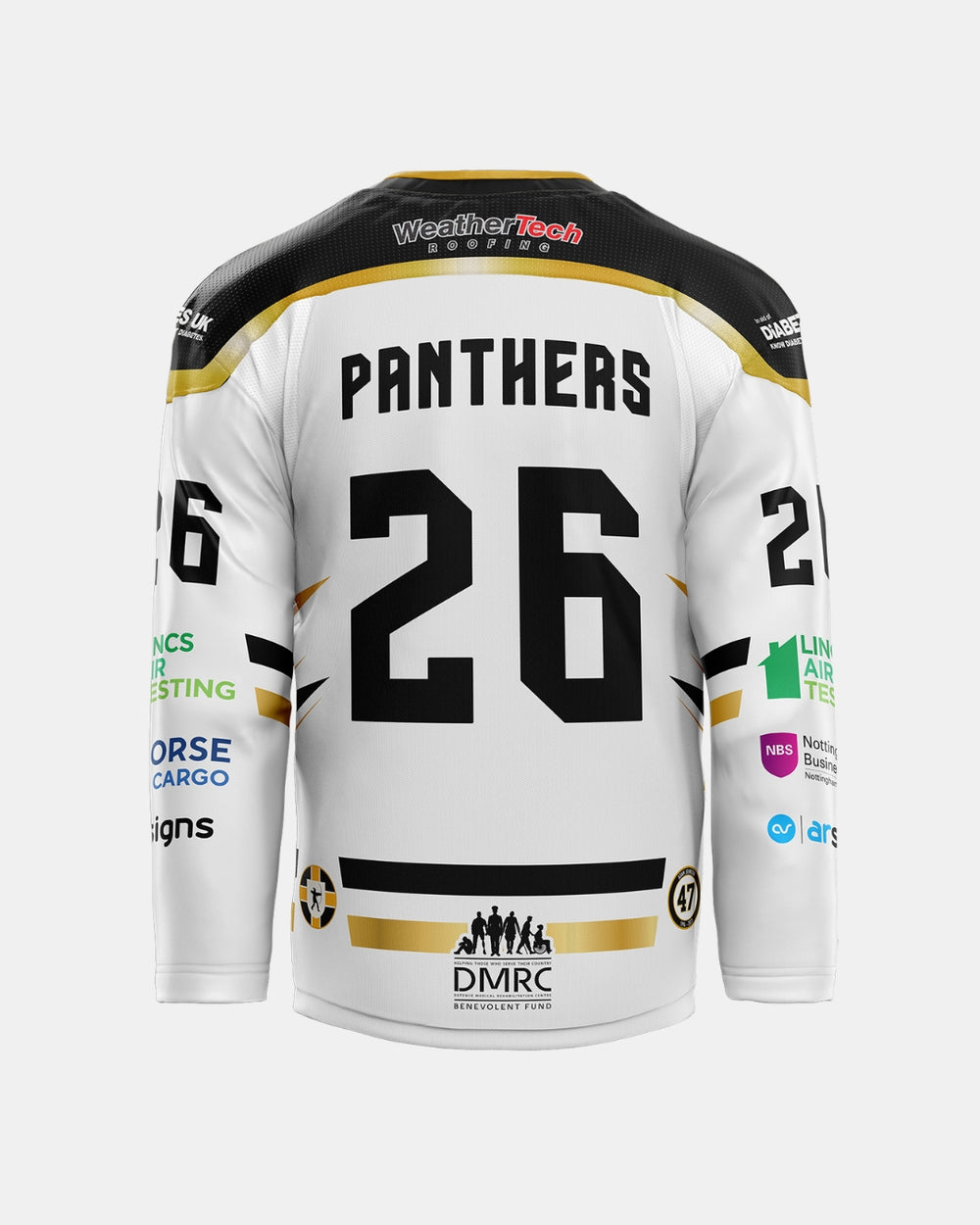 A white and black 2026/27 Classic Custom Replica Away Jersey from The Nottingham Panthers is shown from the back. It features the name PANTHERS and the number 26, along with various sponsor logos on the back, sleeves, and lower hem. This official replica jersey perfectly captures the look of the team’s 2026/27 away kit, making it an ideal choice for dedicated fans.