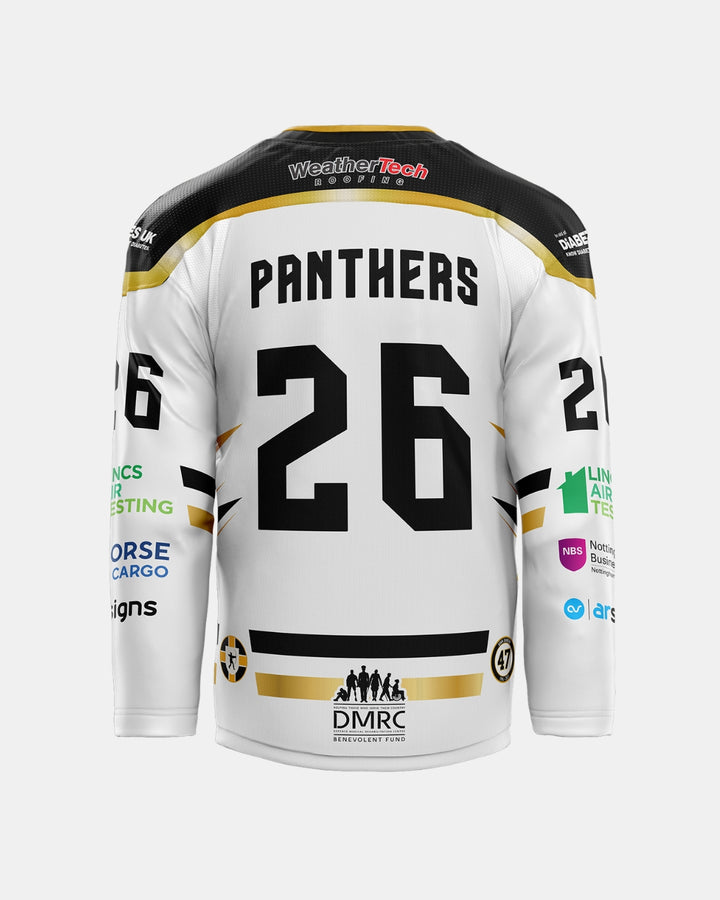 A white and black 2026/27 Classic Custom Replica Away Jersey from The Nottingham Panthers is shown from the back. It features the name PANTHERS and the number 26, along with various sponsor logos on the back, sleeves, and lower hem. This official replica jersey perfectly captures the look of the team’s 2026/27 away kit, making it an ideal choice for dedicated fans.