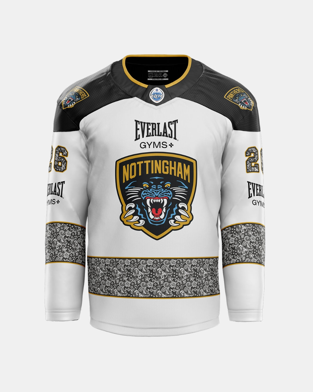 The Panthersland 2026/27 Classic Custom Replica Away Warm-Up Jersey showcases a white sublimated design with NOTTINGHAM and a panther logo, striking black and gold accents, the number 26, elegant floral patterns, and Everlast Gyms sponsor logos on the chest, sleeves, and shoulders. Perfect for fans looking forward to the 2026/27 jersey lineup or anyone seeking a standout custom hockey jersey.