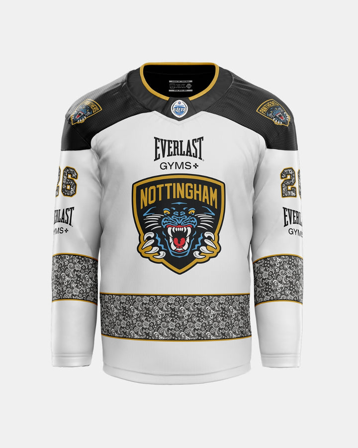 The Panthersland 2026/27 Classic Custom Replica Away Warm-Up Jersey showcases a white sublimated design with NOTTINGHAM and a panther logo, striking black and gold accents, the number 26, elegant floral patterns, and Everlast Gyms sponsor logos on the chest, sleeves, and shoulders. Perfect for fans looking forward to the 2026/27 jersey lineup or anyone seeking a standout custom hockey jersey.
