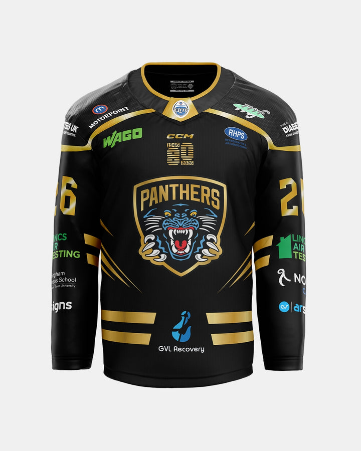 The Nottingham Panthers 2026/27 Classic Team Replica Home Jersey is a black hockey jersey with yellow accents, showcasing the Panthers’ roaring panther logo, number 26 on the sleeves, and sponsor logos from GVL Recovery, WAGO, RHPS, and Lincs Air Testing. This official replica perfectly mirrors the style of the team’s 2026/27 jerseys and is ideal for fans or as a custom player jersey.