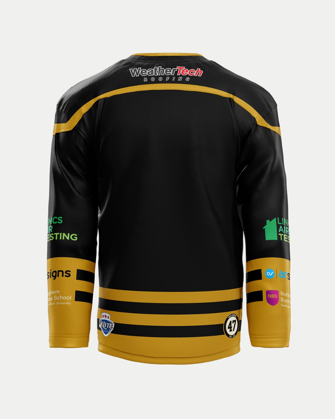 The Nottingham Panthers 2025/26 Classic Replica Home Jersey in black and gold, shown from the back with multiple sponsor logos and number 47 near the lower right. Part of the official 2025/26 jersey collection.