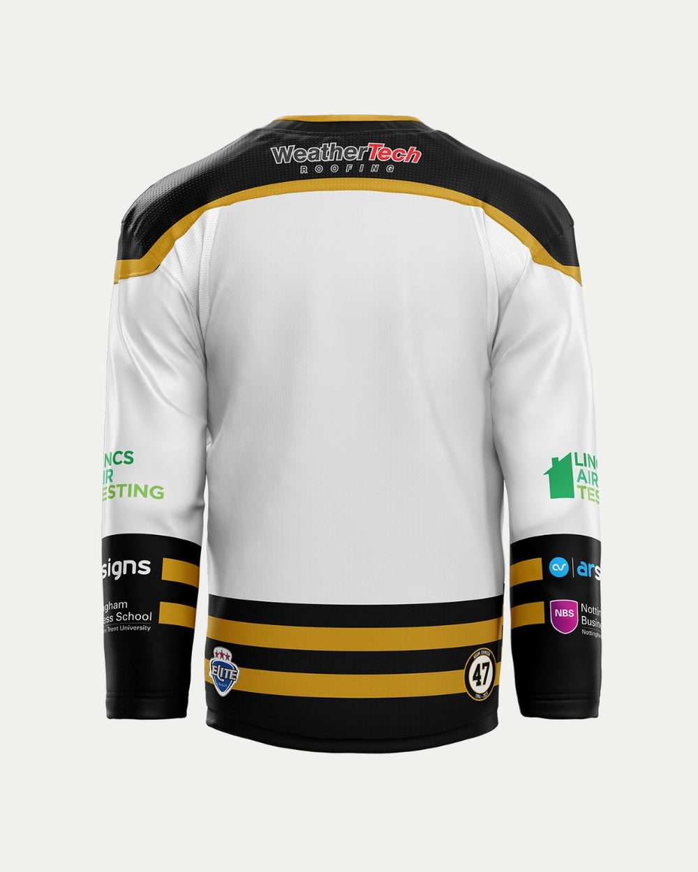 Back view of The Nottingham Panthers 2025/26 Classic Replica Away Jersey in white and black with gold accents, sponsor logos on sleeves and back, number 47 at the bottom, and WeatherTech Roofing across the upper back.