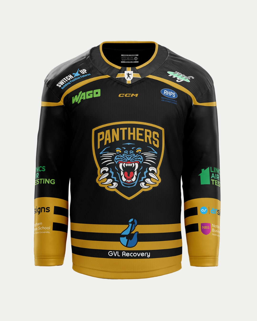 The Nottingham Panthers 2025/26 Classic Custom Replica Home Jersey features a black design with gold sleeves, a roaring panther logo, PANTHERS on the front, and sponsor logos in green, blue, and white.