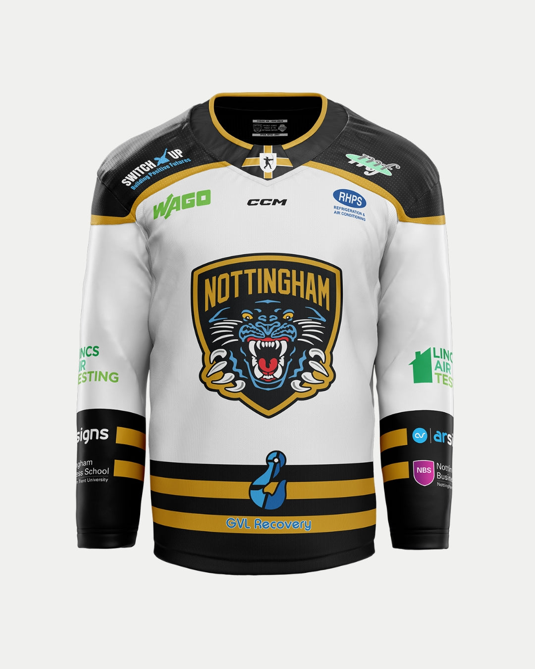 The Nottingham Panthers 2025/26 Classic Custom Replica Away Jersey is white with black and gold accents, a roaring panther logo, NOTTINGHAM across the chest, and sponsor logos—ideal for collectors of official replica hockey jerseys.