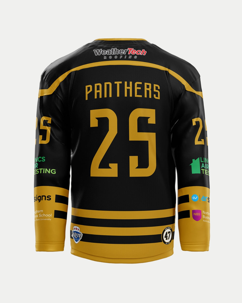 The Nottingham Panthers 2025/26 Classic Custom Replica Home Jersey in black and gold, seen from the back with: “PANTHERS” and number 25, plus sponsor logos on the sleeves and back.
