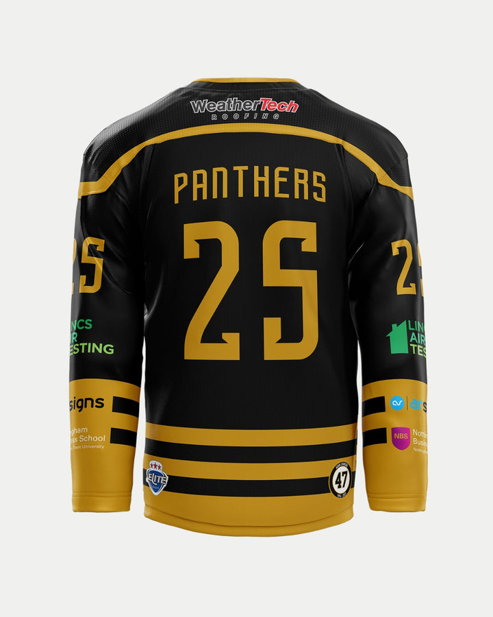 The Nottingham Panthers 2025/26 Classic Custom Replica Home Jersey in black and gold, seen from the back with: “PANTHERS” and number 25, plus sponsor logos on the sleeves and back.