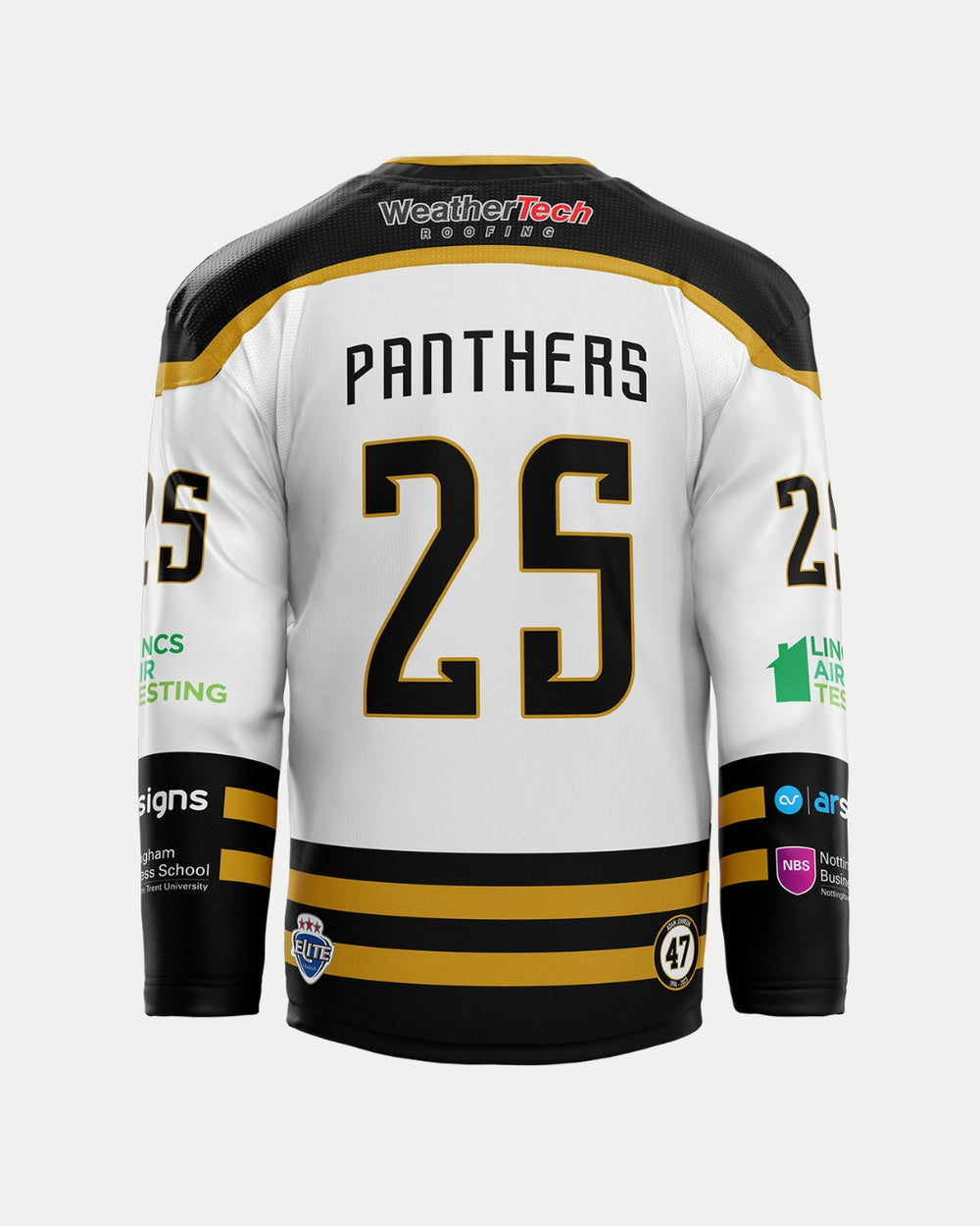 The image displays the back of The Nottingham Panthers 2025/26 Classic Custom Replica Away Jersey, featuring black and gold trim, PANTHERS and number 25 in bold black and gold lettering, plus several sponsor logos.