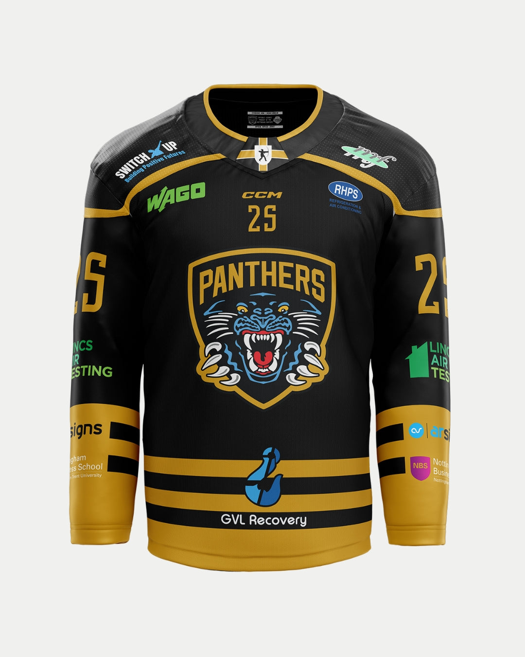 The Nottingham Panthers 2025/26 Classic Team Replica Home Jersey features black and gold colors, PANTHERS text, a roaring panther logo, number 25 on chest and sleeves, and sponsor logos—perfect for fans of the official team look.