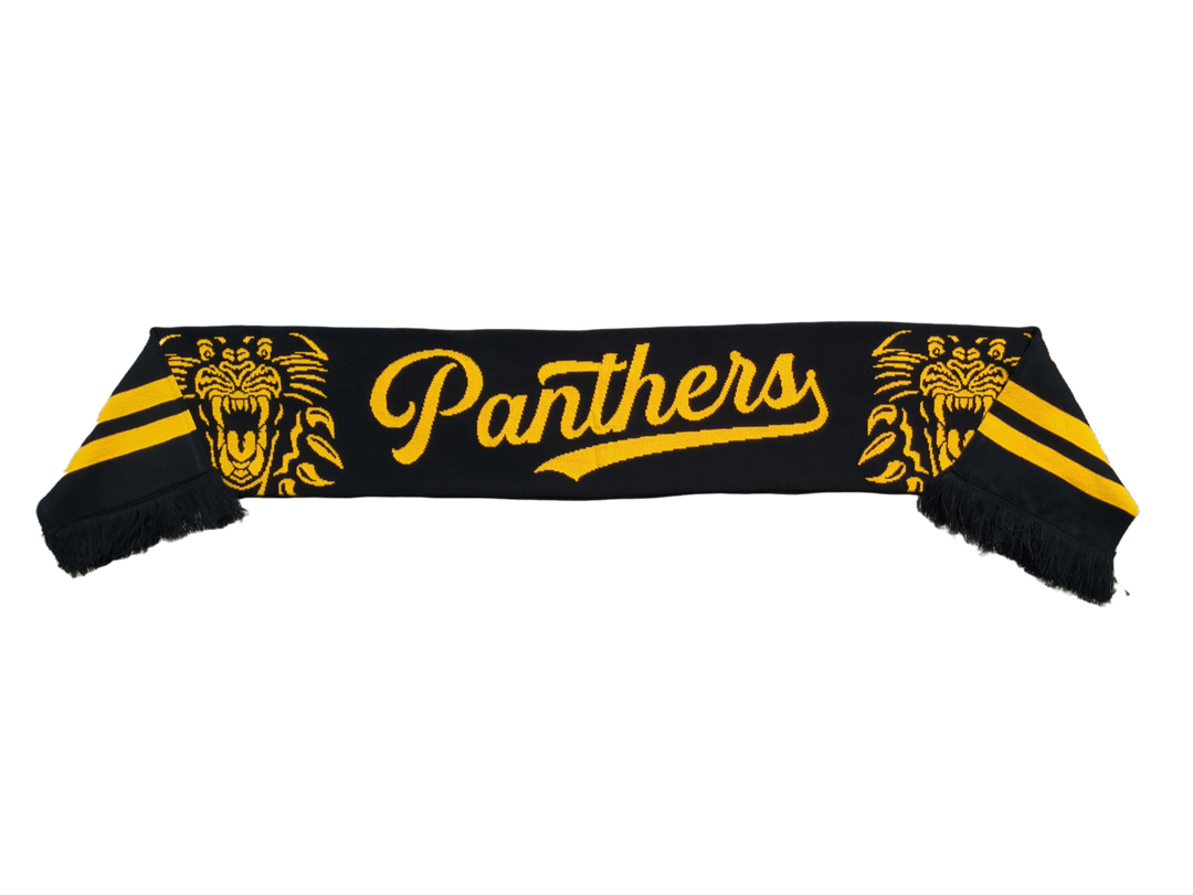 Show your team pride with the 25-26 Double Head Scarf from Panthersland—a black scarf with yellow stripes, two roaring panther faces, and Panthers in bold yellow script across the center.