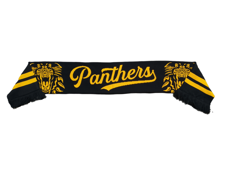 Show your team pride with the 25-26 Double Head Scarf from Panthersland—a black scarf with yellow stripes, two roaring panther faces, and Panthers in bold yellow script across the center.