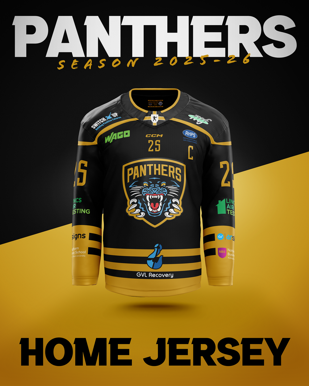 A black and gold Nottingham Panthers hockey jersey is displayed, featuring the team logo, number 25, and sponsor logos. The text reads PANTHERS Season 2025-26 and HOME JERSEY on a black and gold background.