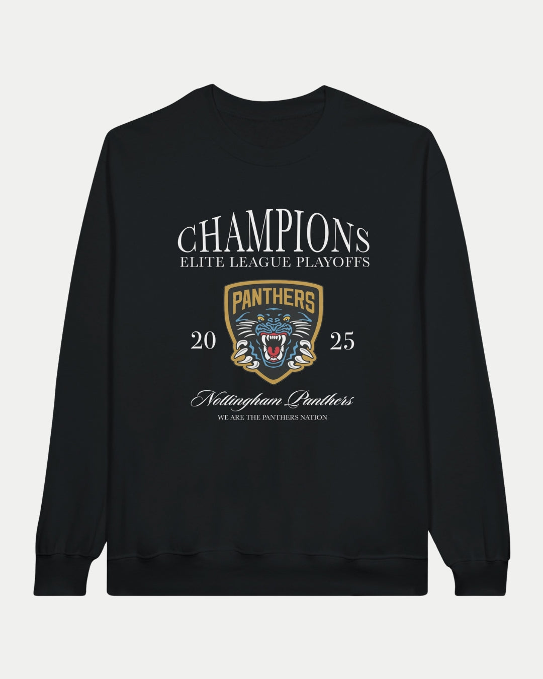 Show your support with the Nottingham Panthers Made To Order Champions Elite League Playoffs 2025 Adult Crewneck Sweatshirt in black, featuring a classic fit and bold playoff design—perfect for fans of the Panthers Nation.