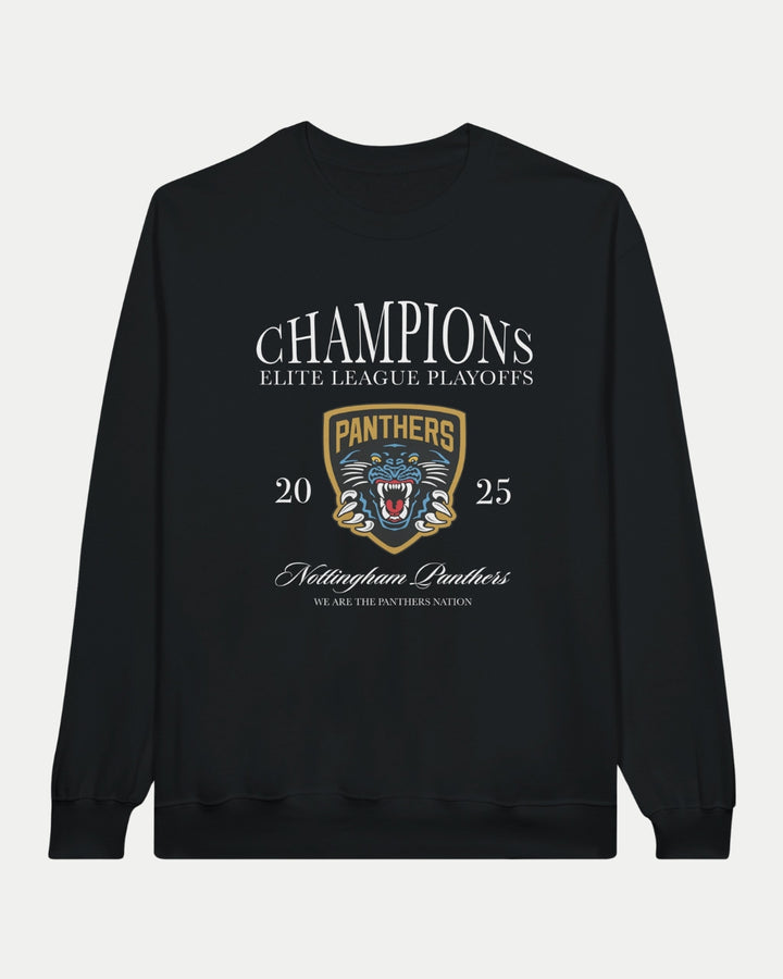 Show your support with the Nottingham Panthers Made To Order Champions Elite League Playoffs 2025 Adult Crewneck Sweatshirt in black, featuring a classic fit and bold playoff design—perfect for fans of the Panthers Nation.