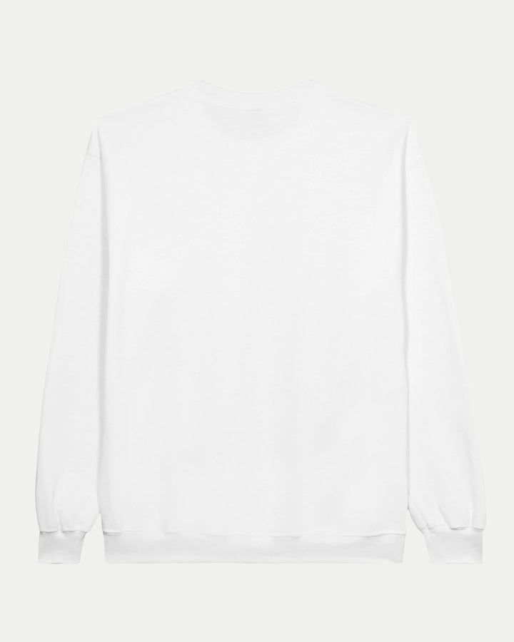 The Nottingham Panthers Made To Order Champions Elite League Playoffs 2025 Adult Crewneck Sweatshirt in white features a classic fit, ribbed cuffs and hem, and is crafted from a ringspun cotton-polyester blend. Shown from the back against a light background.