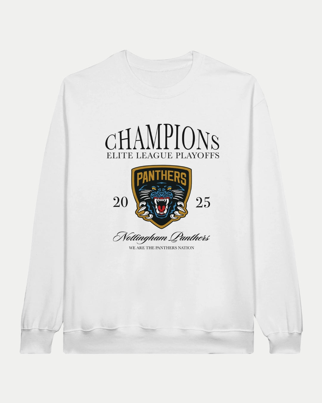 The Nottingham Panthers Made To Order Champions Elite League Playoffs 2025 Adult Crewneck Sweatshirt in white boasts a fierce panther logo and We are the Panthers Nation on a soft ringspun cotton-polyester blend.