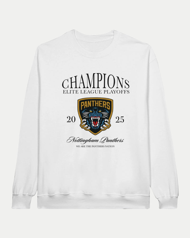The Nottingham Panthers Made To Order Champions Elite League Playoffs 2025 Adult Crewneck Sweatshirt in white boasts a fierce panther logo and We are the Panthers Nation on a soft ringspun cotton-polyester blend.