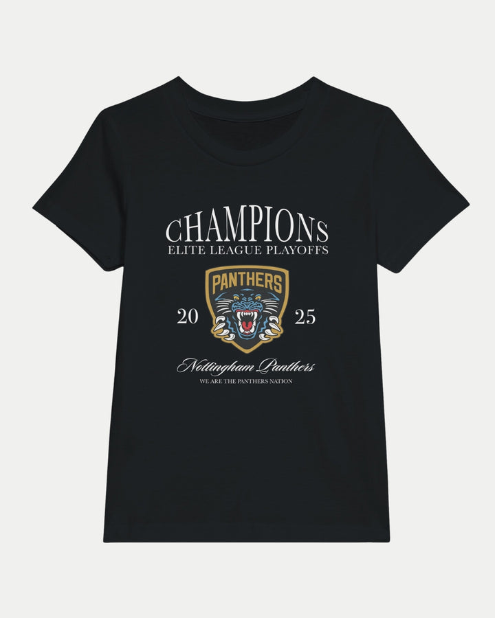 The Made To Order Champions Elite League Playoffs 2025 Kids Crewneck T-shirt in black features a CHAMPIONS ELITE LEAGUE PLAYOFFS print with a roaring panther and PANTHERS logo, plus 2025 and Nottingham Panthers in white text. Unique, everyday style.