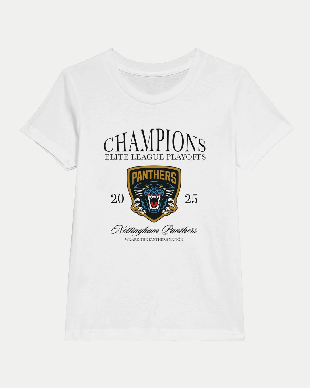 The Made To Order Champions Elite League Playoffs 2025 Kids Crewneck T-shirt in white by Nottingham Panthers features the playoffs design above a panther logo and “WE ARE THE PANTHERS NATION” below. See our size guide for your perfect fit!.