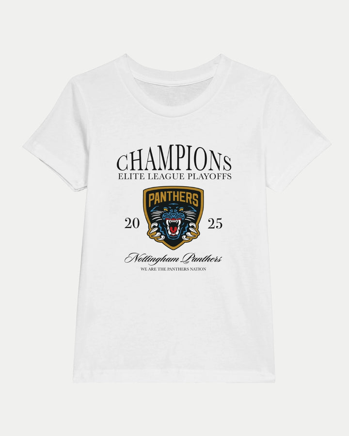 The Made To Order Champions Elite League Playoffs 2025 Kids Crewneck T-shirt in white by Nottingham Panthers features the playoffs design above a panther logo and “WE ARE THE PANTHERS NATION” below. See our size guide for your perfect fit!.
