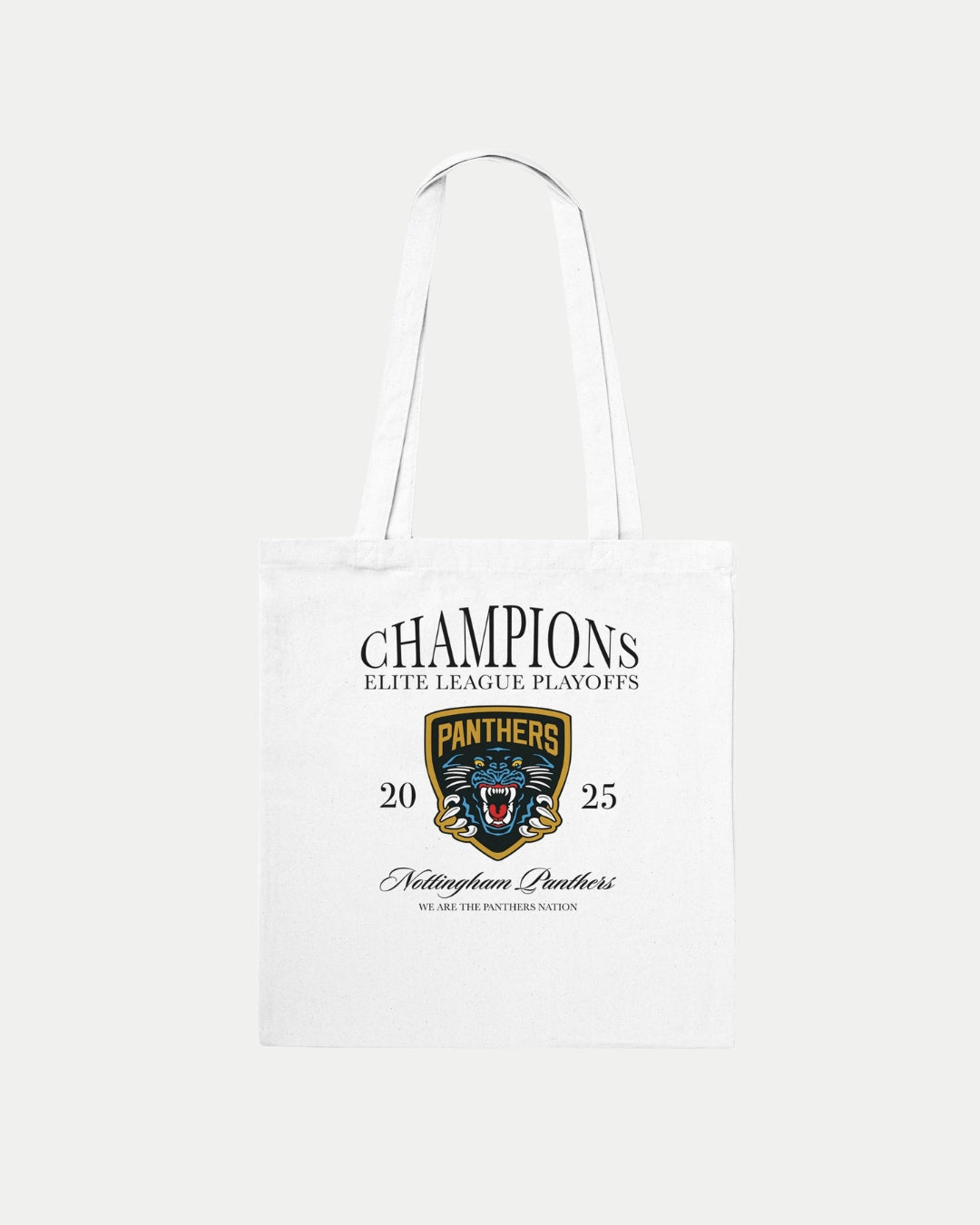 Celebrate Nottingham Panthers as champions with the Made To Order Champions Elite League Playoffs 2025 Tote Bag in white—100% cotton, long handle, eco-conscious, featuring team text and roaring panther logo.